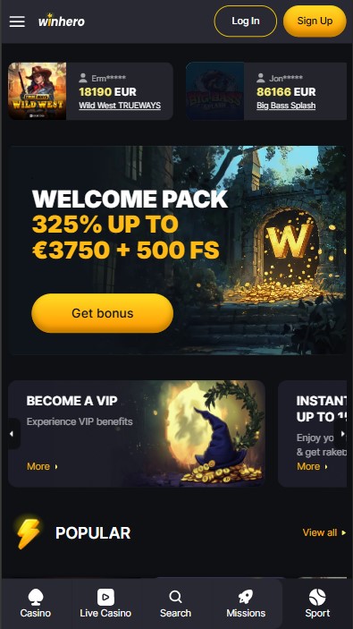 WinHero Casino Lobby